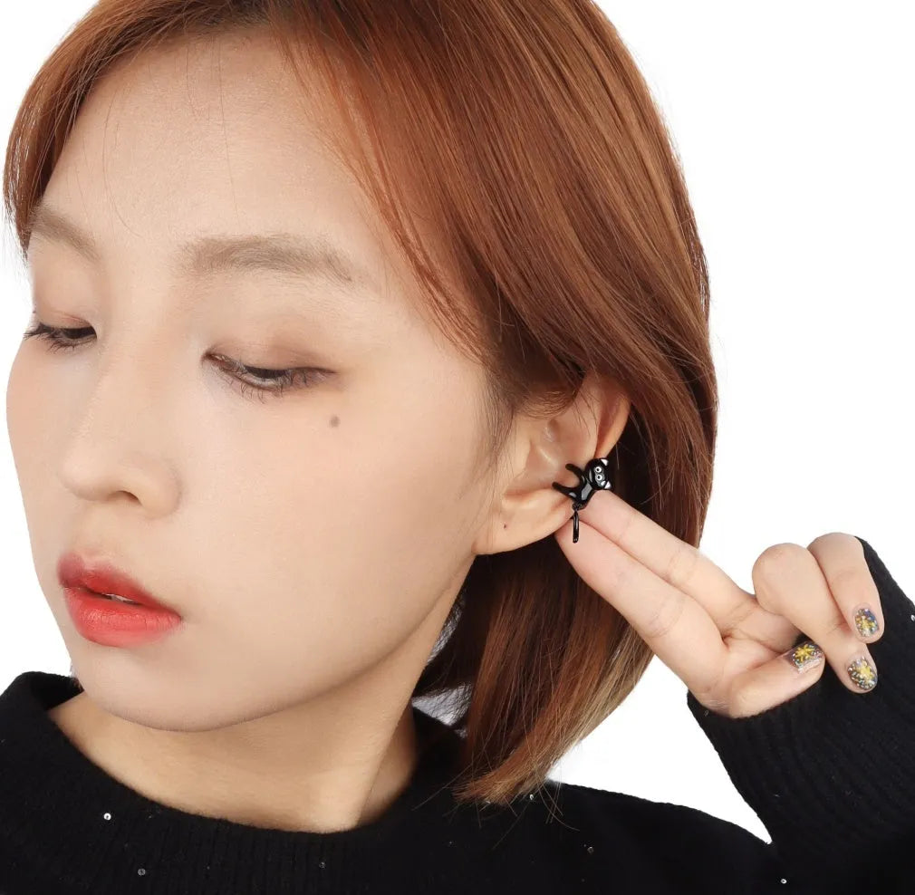 Black cat ear clip on earring for women with kitten ear animal design and no piercing needed