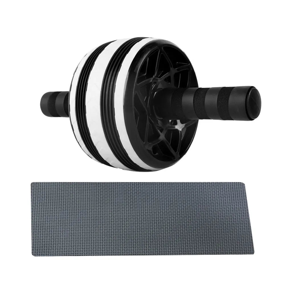 Gym abdominal roller wheel with steel frame and black PU wheel on a rubber mat