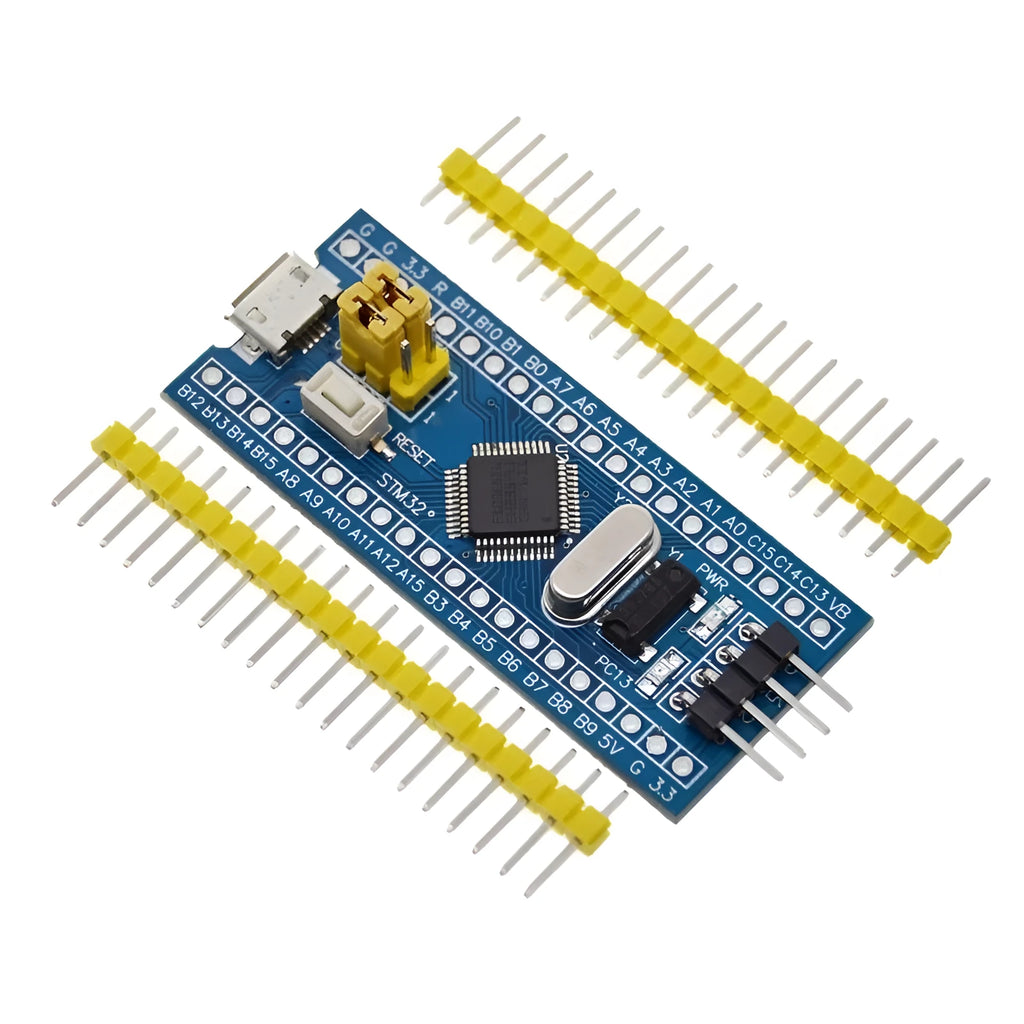 STM32F103C8T6 ARM Cortex-M3 development board showing microcontroller, Mini USB port, and connection headers
