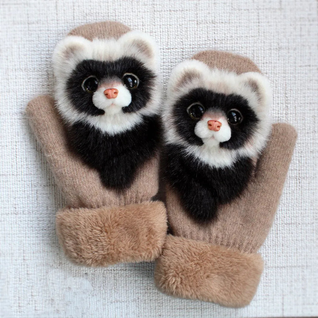 Cartoon animal warm mittens in red colour, 28cm total length, wool-blend fabric for autumn and winter