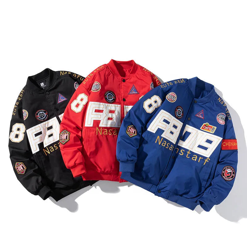American motorcycle baseball uniform in black, red, or blue with optional detachable hood