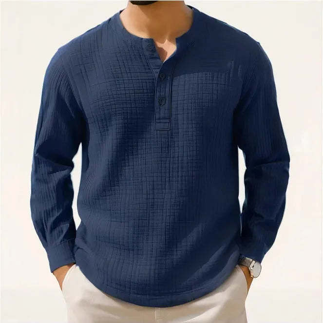 Slim fit long sleeve men's T-shirt in a linen blend fabric, shown in army green colour.