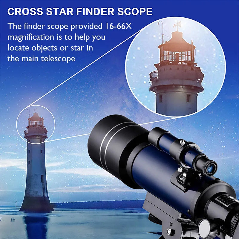 Dark blue 70mm refractor telescope on a table with finder scope and two eyepieces for moon watching