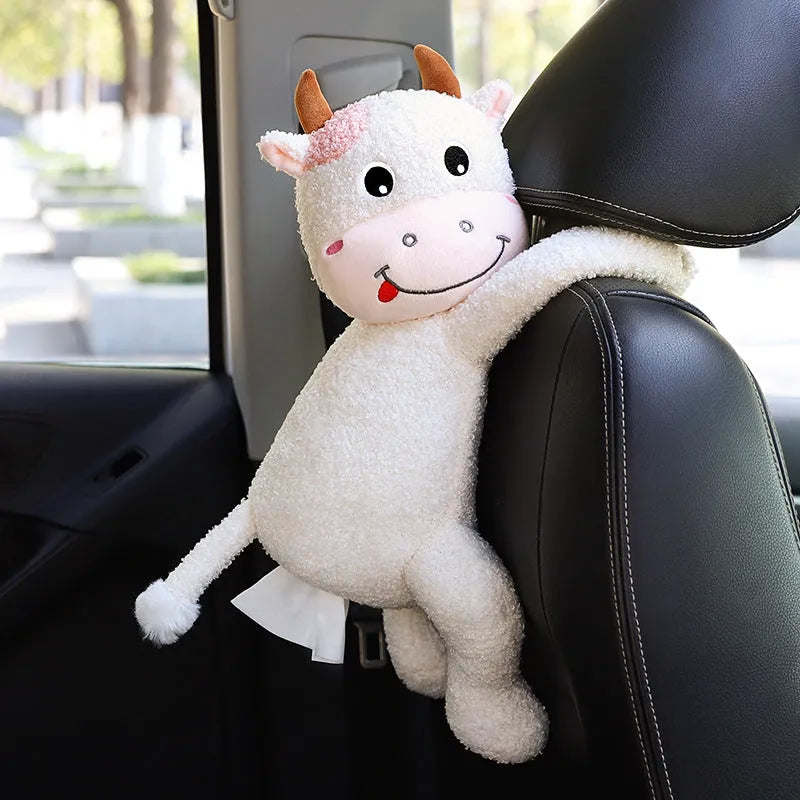 Plush car seat back tissue box holder with cute animal design mounted on car headrest