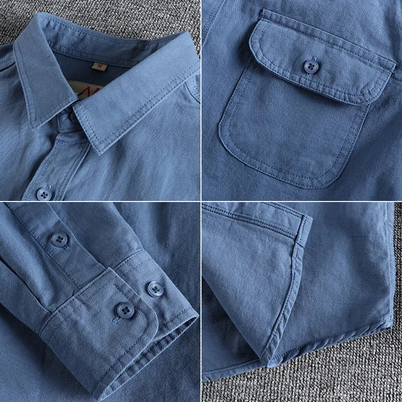 Men's light blue cotton long sleeve shirt with a regular fit and cardigan style on a hanger.
