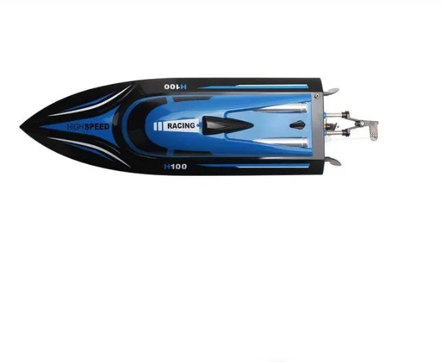 Blue speed racing RC boat on water, with remote control transmitter featuring LCD screen