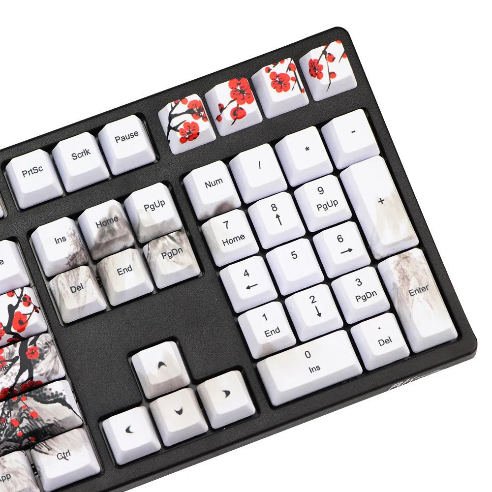 PBT Wangjiang plum 109-key keycap set with five-sided sublimation, OEM height, in Japanese layout on a mechanical keyboard
