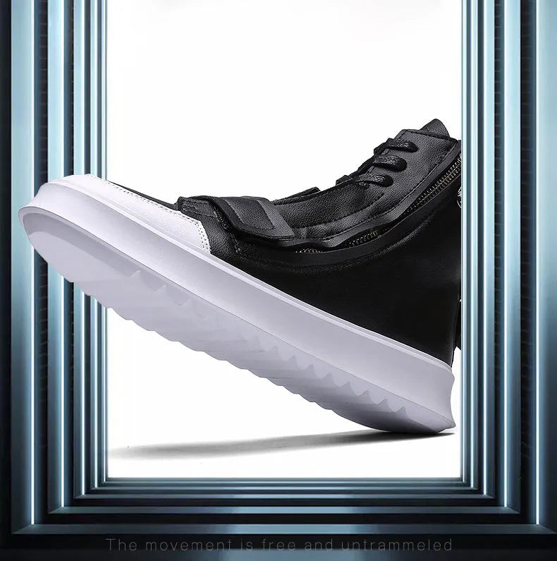 Men's black PU leather high-top ankle boot on a white background, showing sneaker-style design.