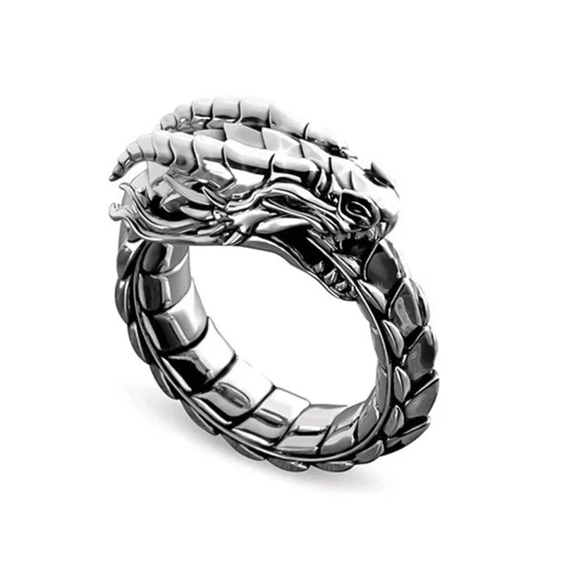 Vintage ethnic dragon ring metal Ancient Silver for men sizes 6 to 12