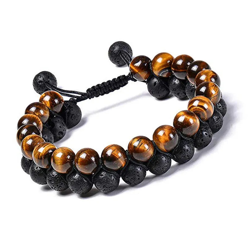 Geometric couple bracelets with tiger eye and matte black agate beads