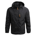 Men's mountaineering windbreaker outdoor sports jacket with hood, stand-up collar, and zipper front in army green colour