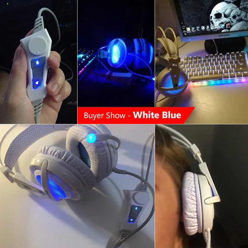 Black and white 7.1 USB gaming headset with LED lights on ear cups