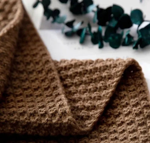 Nordic style fringed knit ball blanket in acrylic fabric, size 130x170cm, shown in beige colour