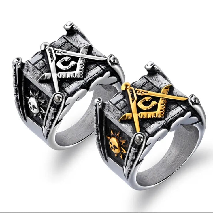 Masonic ring for men with sun and moon motif, high-polished white steel, gold colour option