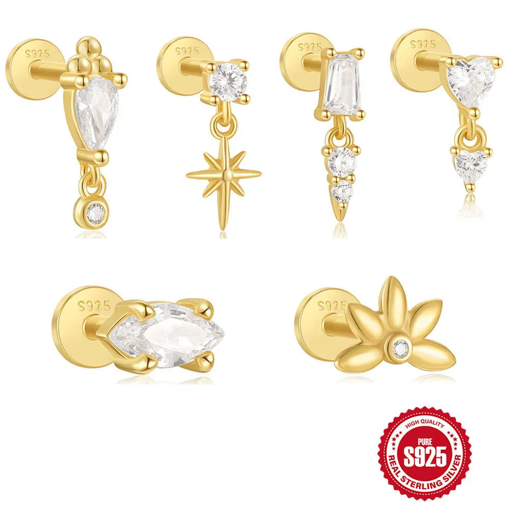 Sterling silver ear stud with a hanging gold-tone tassel charm on a white background.