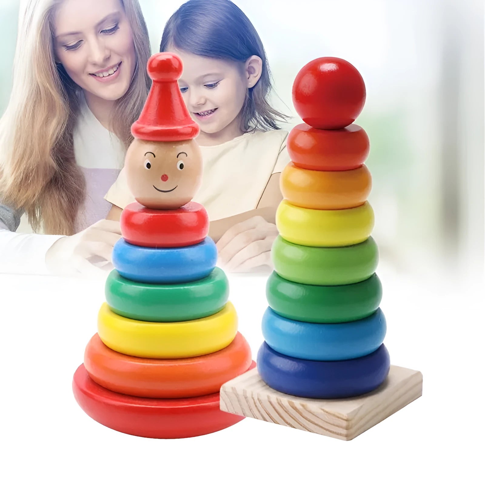 Wooden Rainbow Tower stacked circle tumbler toy for baby early education, 7.5x9x9 cm