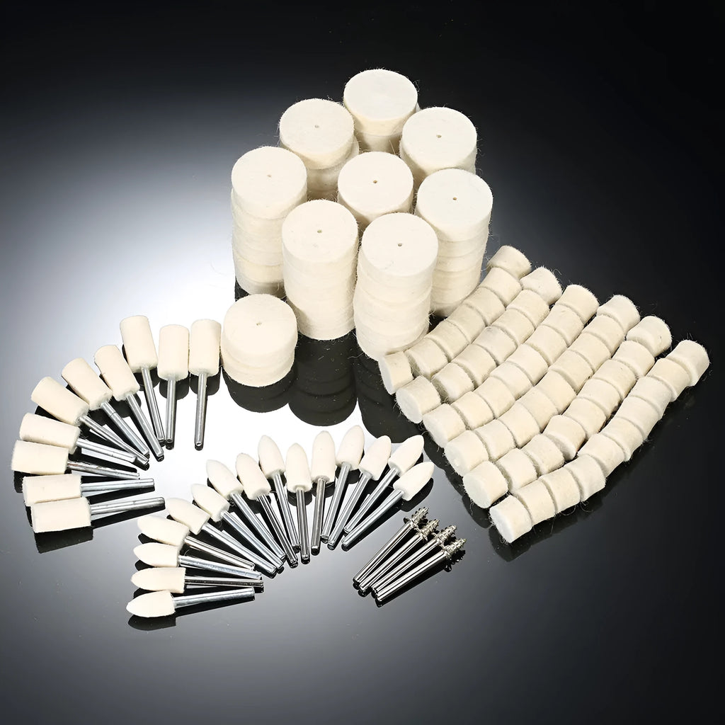 129-piece polishing wheel accessories set with white wool pads and iron shanks for rotary tool use