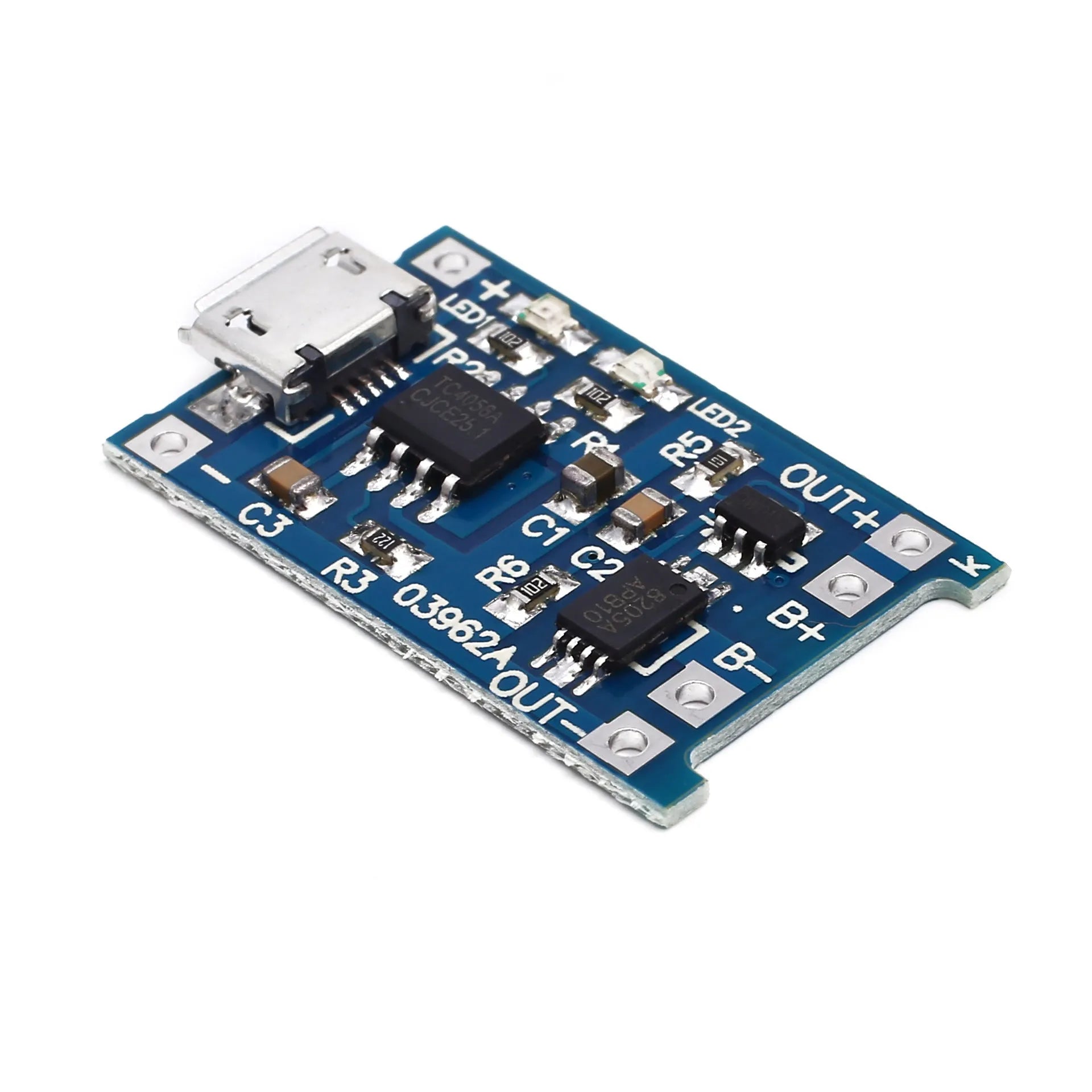 Small blue PCB for charging and protecting a single 3.7V lithium battery, showing solder pads for 5V input, battery, and output.