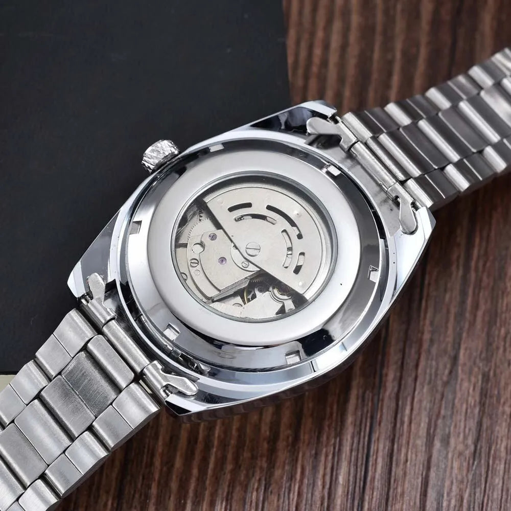 Men's tourbillon automatic mechanical wristwatch with stainless steel band, moon phase, and small seconds display