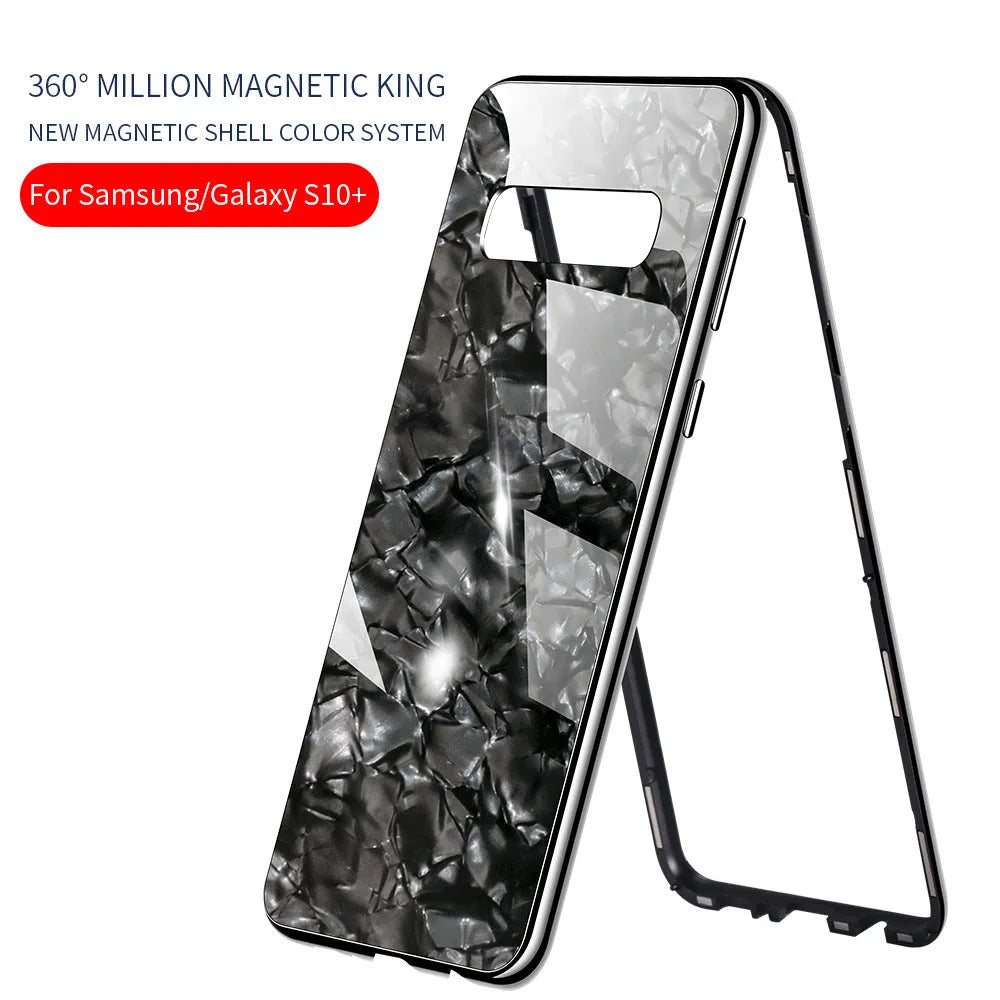 Galvanized mobile phone protective cover with Wan magnetic king plating shell pattern and glass texture for Samsung Galaxy in black