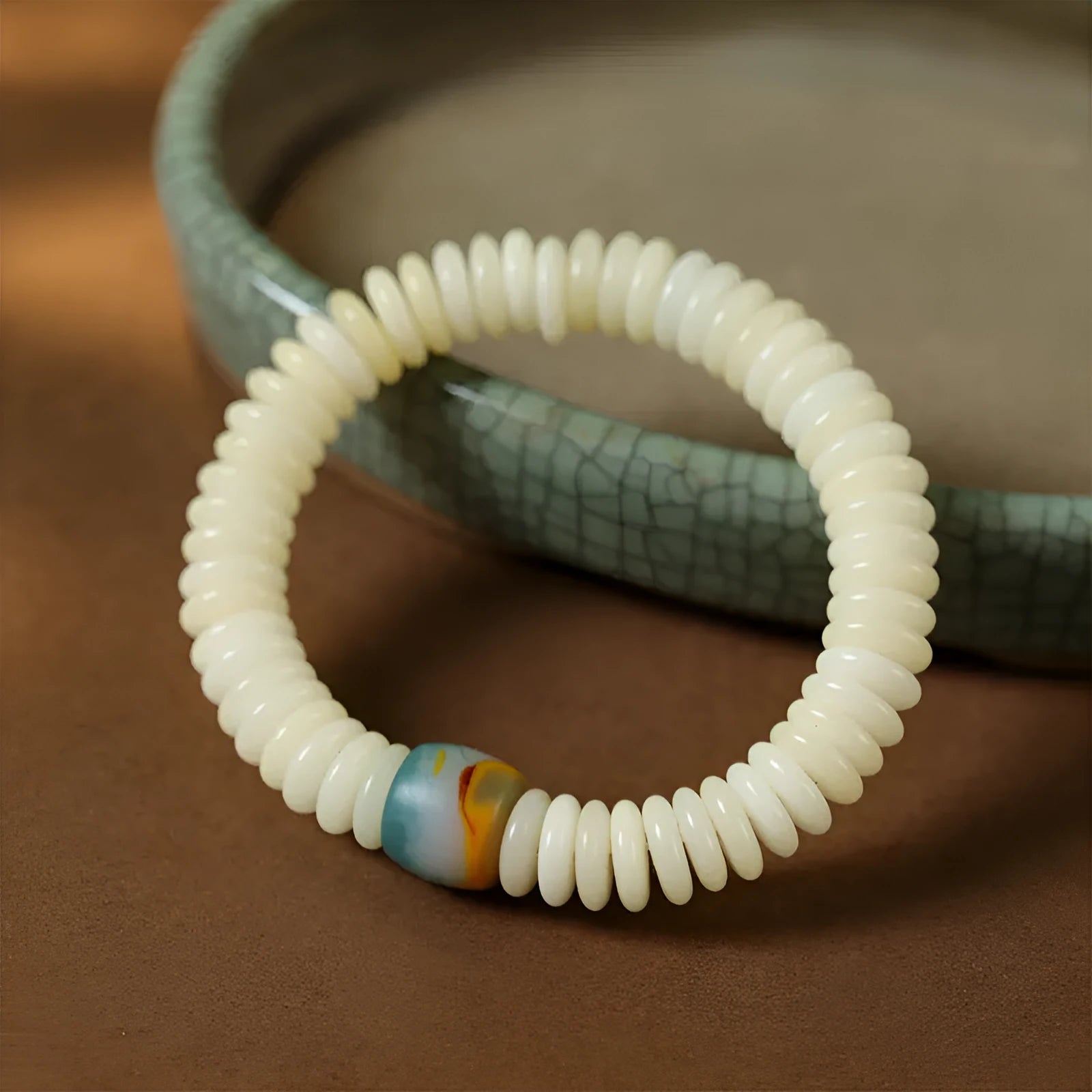 White Bodhi seed bracelet and handheld meditation piece with 3mm beads