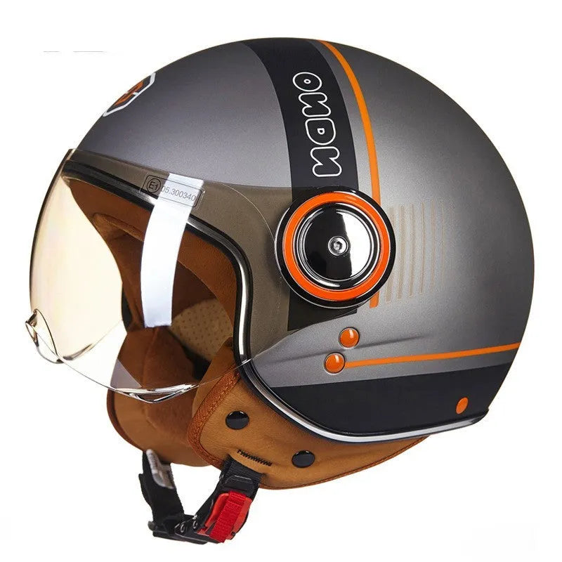 Retro-style half helmet for battery cars in bright blue and red colour combination showing ABS construction