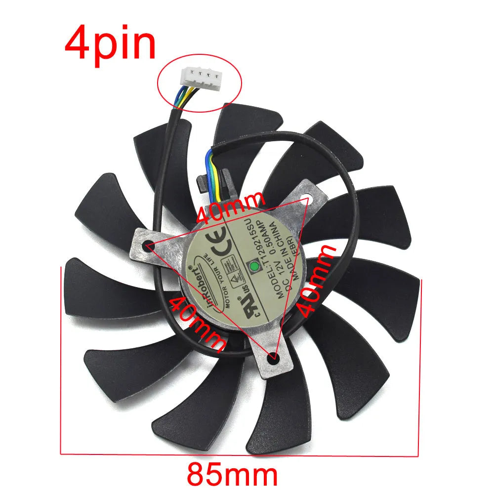 Black 85mm graphics card cooling fan with 4-pin connector and inRobert label