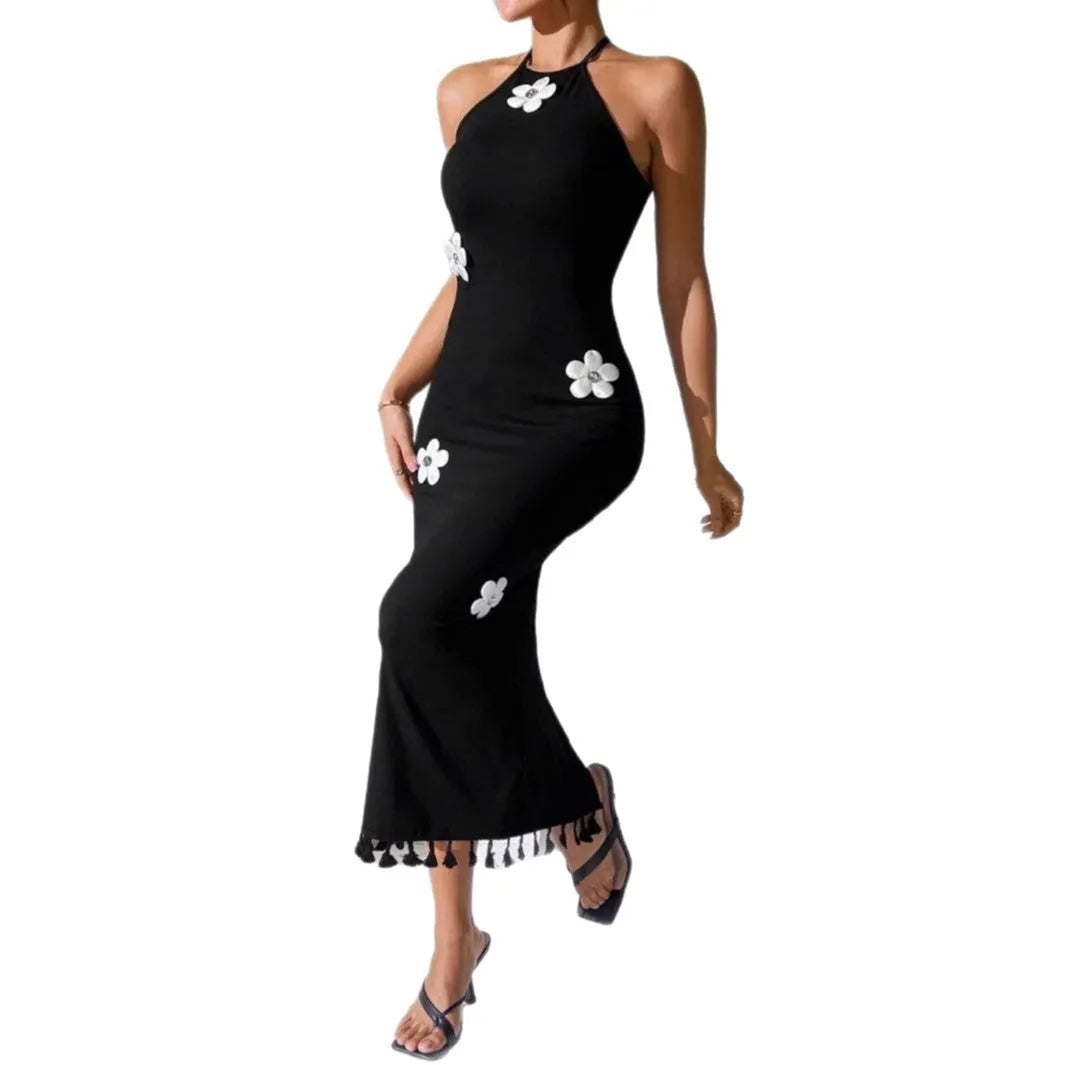 Black slim fit small turtleneck long dress with high waist and sleeveless design in polyester fabric