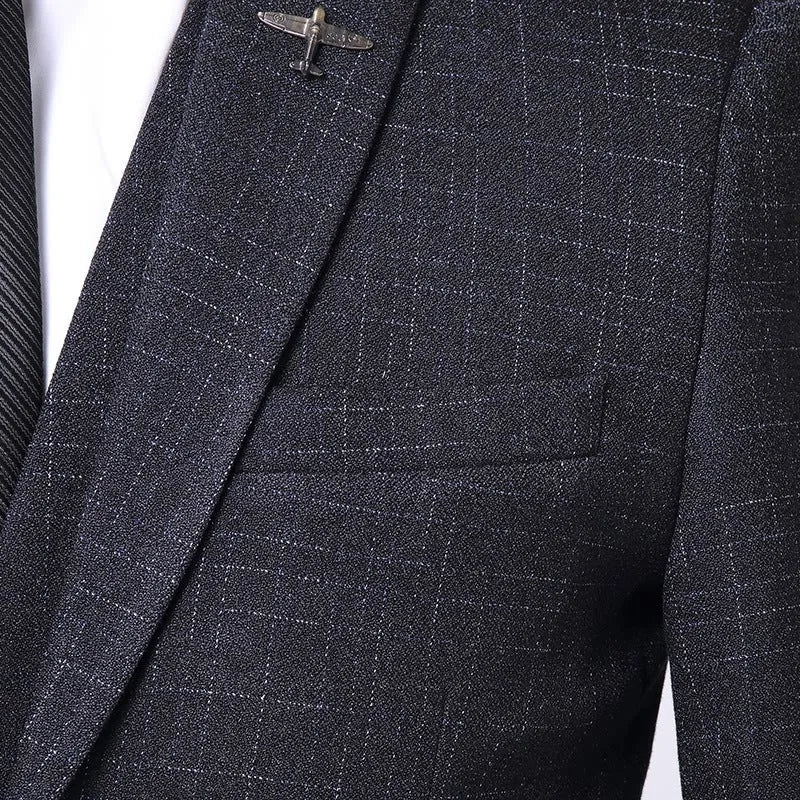 Men's three-piece suit set in Dark Grey or Navy Blue, acetate fabric, sizes M to 4XL
