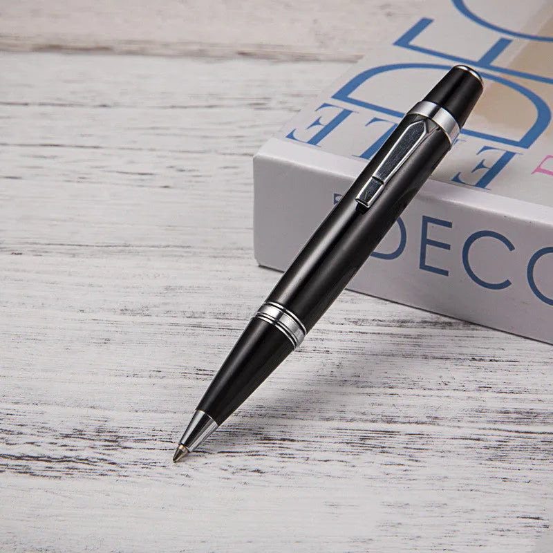 Short black metal ballpoint pen with rotating mechanism showing 112mm length and 12.5mm diameter