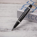 Short black metal ballpoint pen with rotating mechanism showing 112mm length and 12.5mm diameter