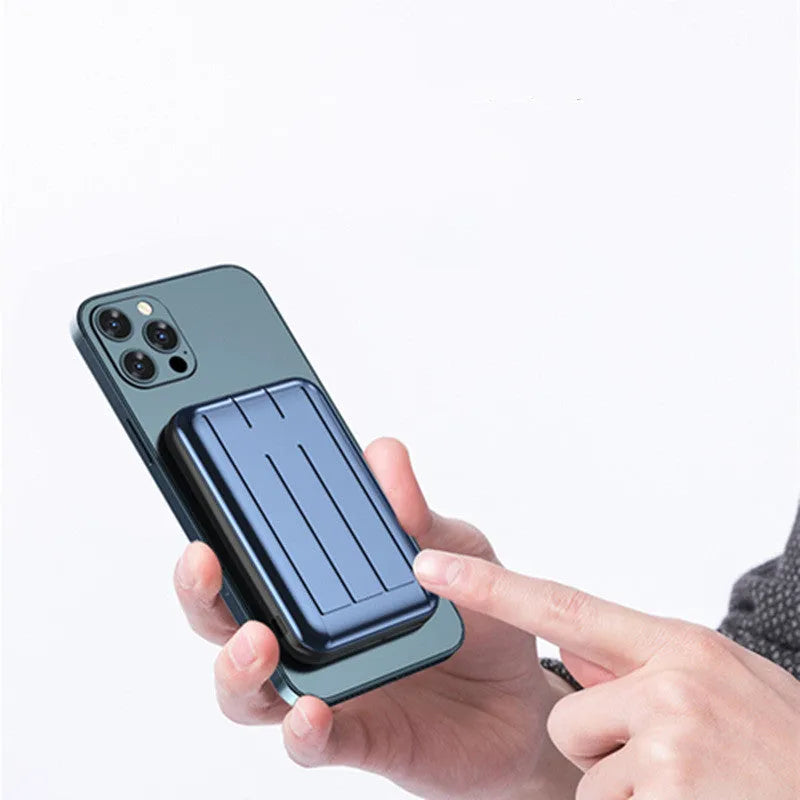 Blue magnetic wireless charging power bank showing front view with USB ports