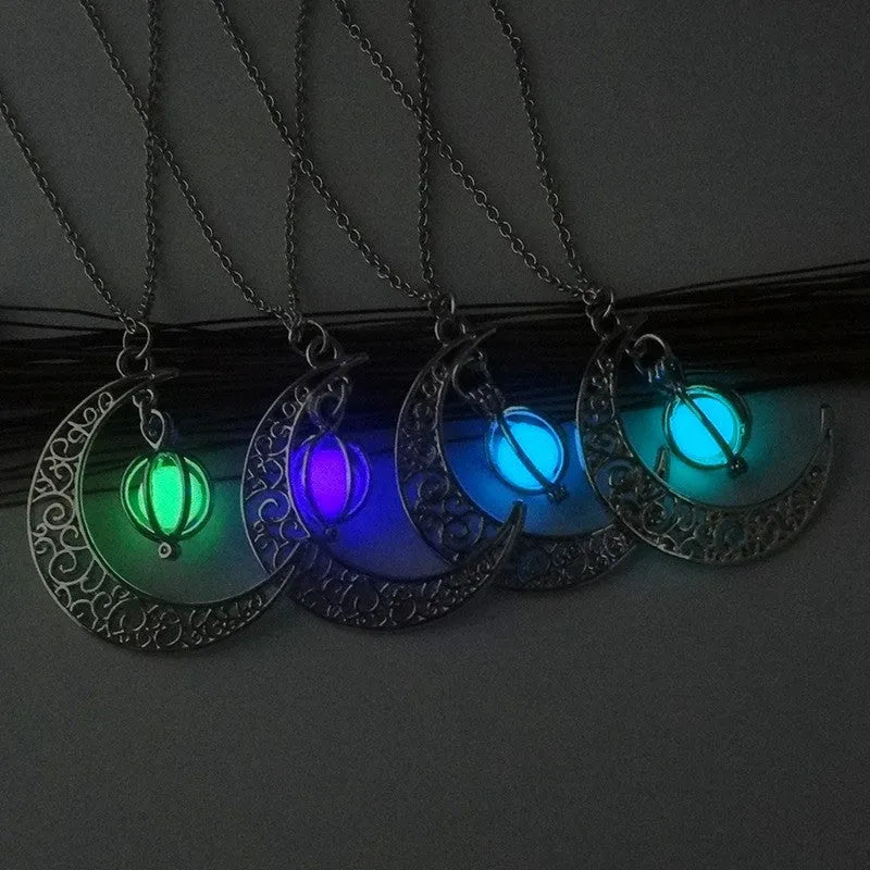 Fashion moon pendant necklace with glowing fluorite stone on bamboo chain, alloy and copper, sky blue colour