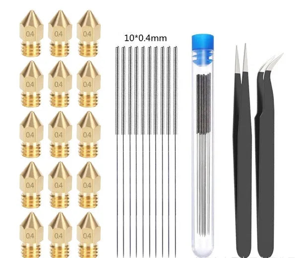 MK8 brass nozzle and stainless steel cleaning pin for 3D printer maintenance