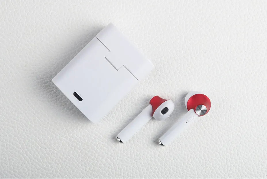 Wireless sports Bluetooth earbuds showing multiple colour options with 10-metre range