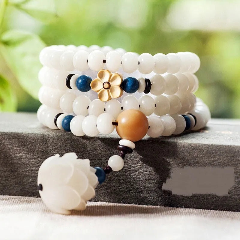 White jade Bodhi bead bracelet with 6x8mm beads, shown in a unisex long bracelet or necklace style.