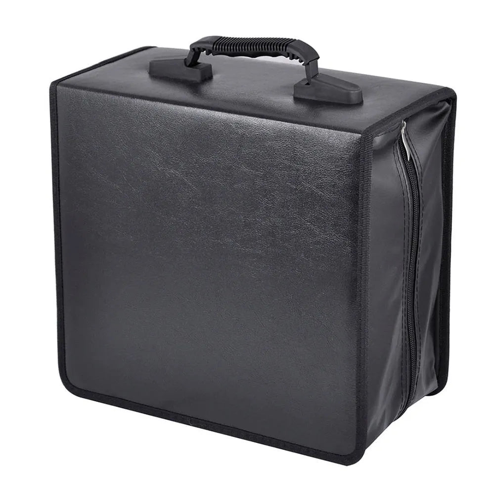 Black Oxford fabric CD and DVD storage binder with a zip and top carry strap.