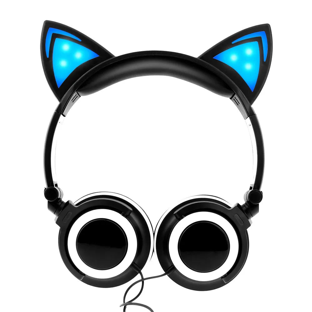 Colourful LED cat ear headphones showing illuminated ears and cushions on a black background