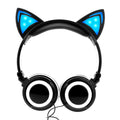 Colourful LED cat ear headphones showing illuminated ears and cushions on a black background