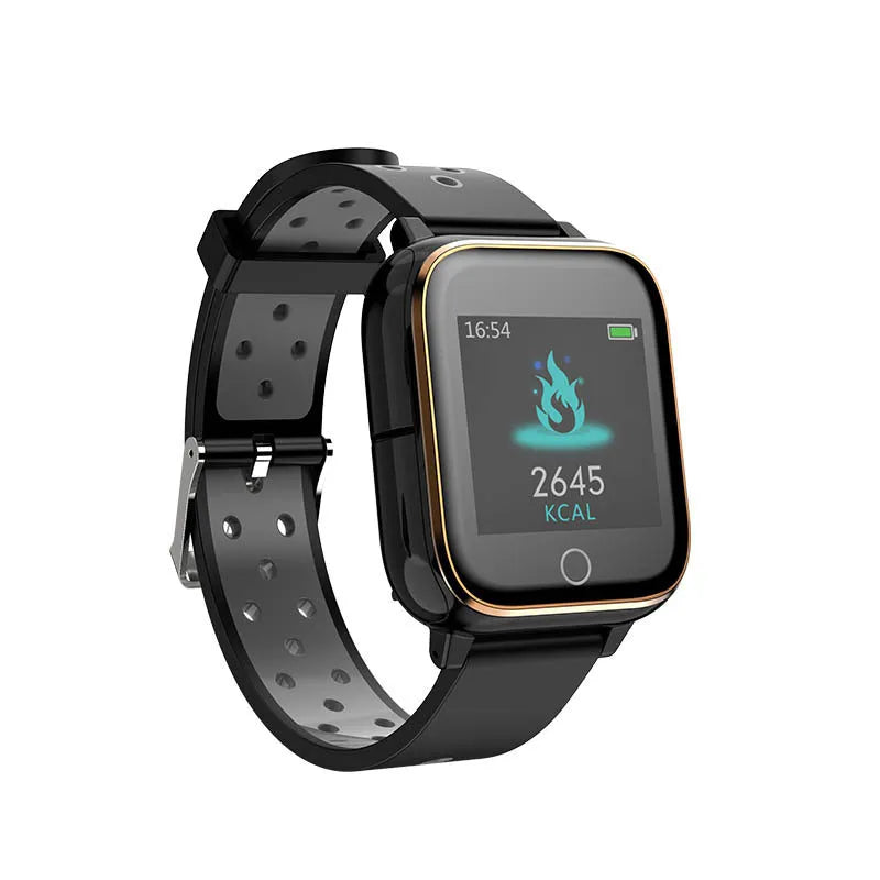 Black smart watch with touchscreen displaying fitness stats, with Bluetooth earbuds docked in the watch case.