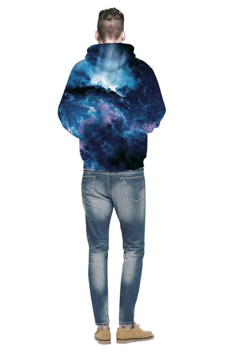 Deep blue galaxy hoodie polyester spandex pullover front view showing size range S to 3XL