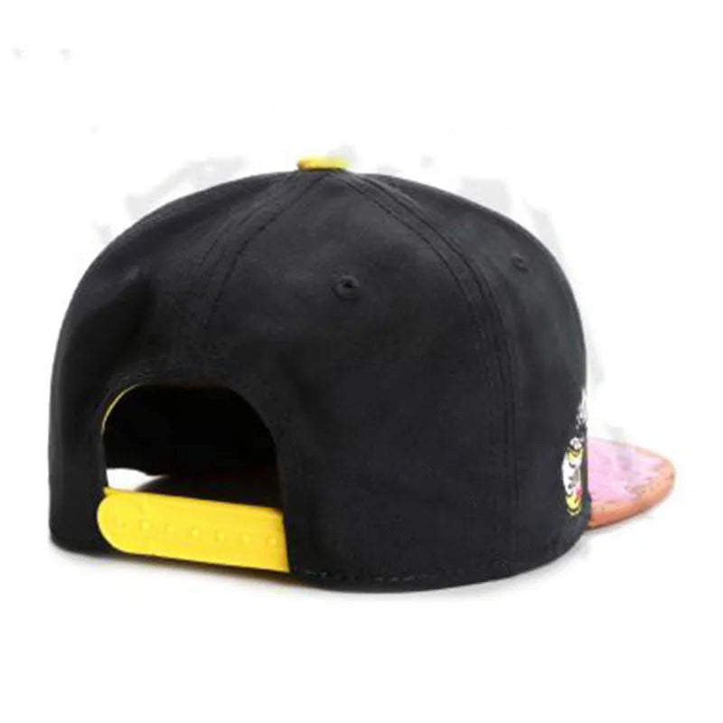 Cotton snapback baseball cap in black, unisex hip hop style, 56-60cm adjustable fit, front view.