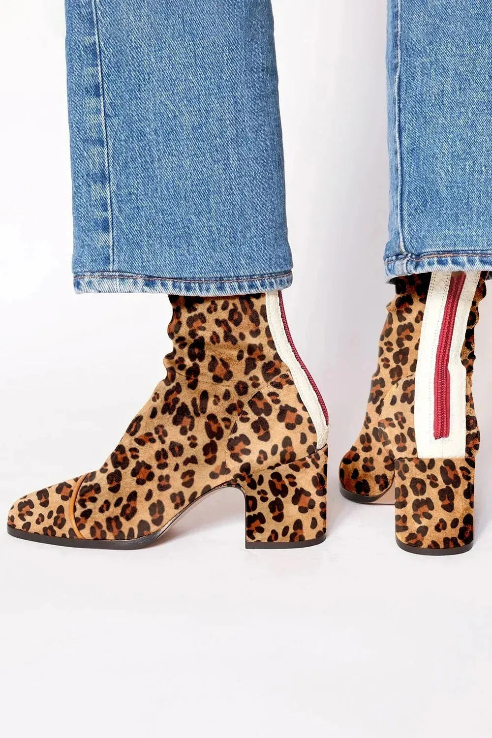 High heel square toe suede Martin boots with chunky heel and back zipper in leopard print colour