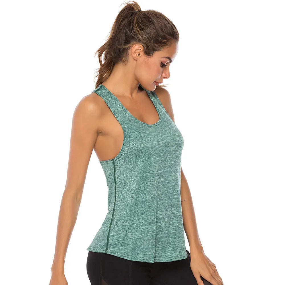 Women's athletic polyester back race vest in slate colour, O-neck design for gym and sport