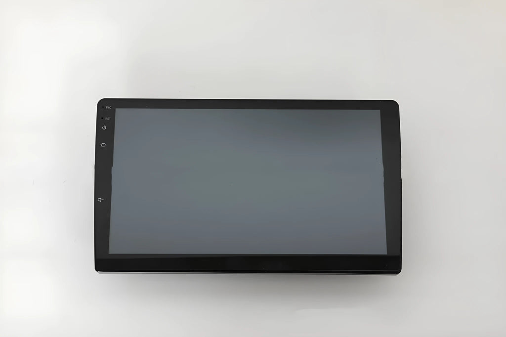 Black 10.1 inch Android car head unit with touch screen display showing navigation interface