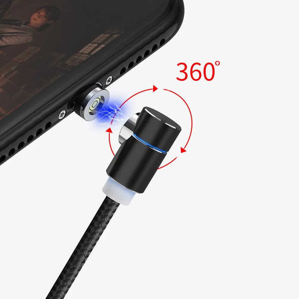 Magnetic LED charging cable with 90-degree rotating connector, aluminium alloy housing, 1 metre, black
