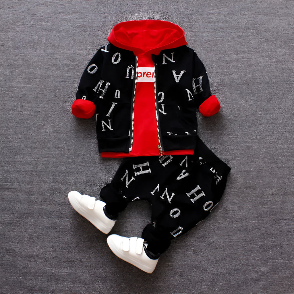 Red and white children's long sleeve clothing set, polyester and vinylon blend, shown in sizes 80cm to 110cm.