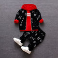 Red and white children's long sleeve clothing set, polyester and vinylon blend, shown in sizes 80cm to 110cm.