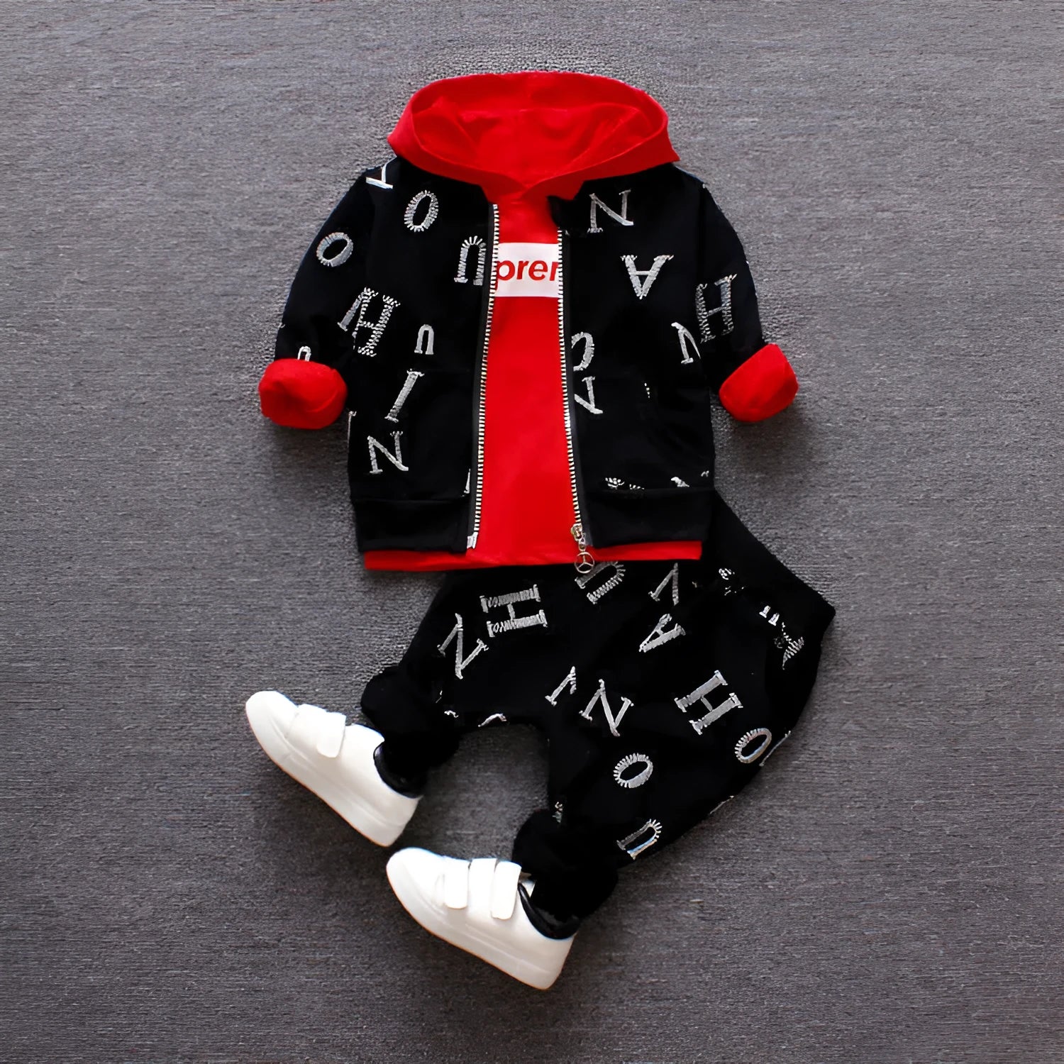 Red and white children's long sleeve clothing set, polyester and vinylon blend, shown in sizes 80cm to 110cm.