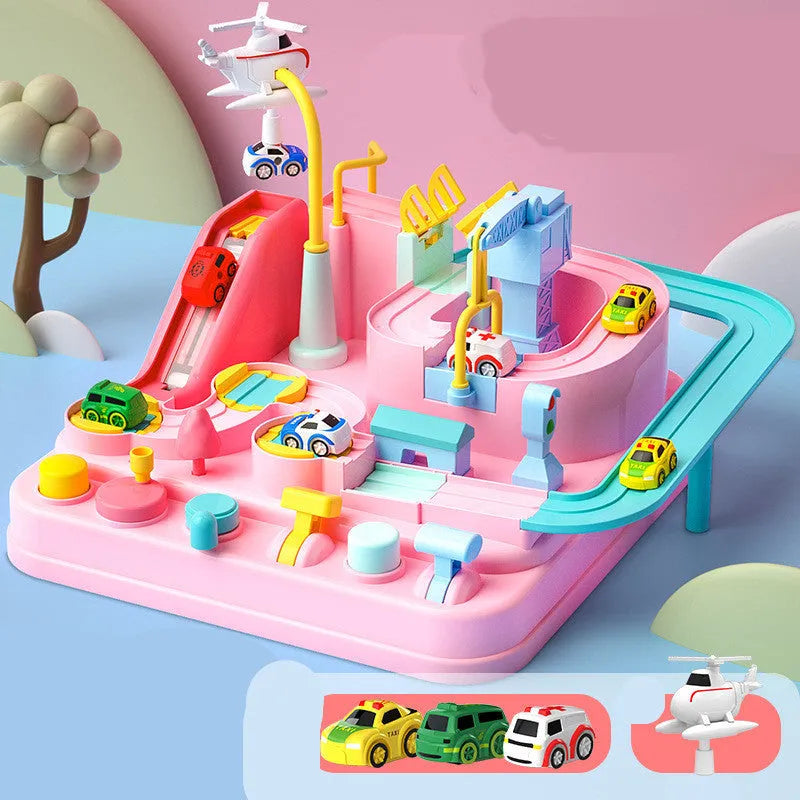 Adventure parking lot plastic toy car track set with manual remote control handle